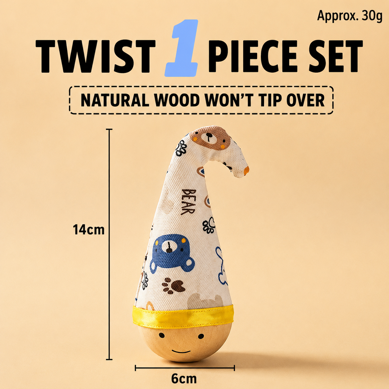 Natural twist wooden wobble cat toy showing 14 by 6 centimeter dimensions
