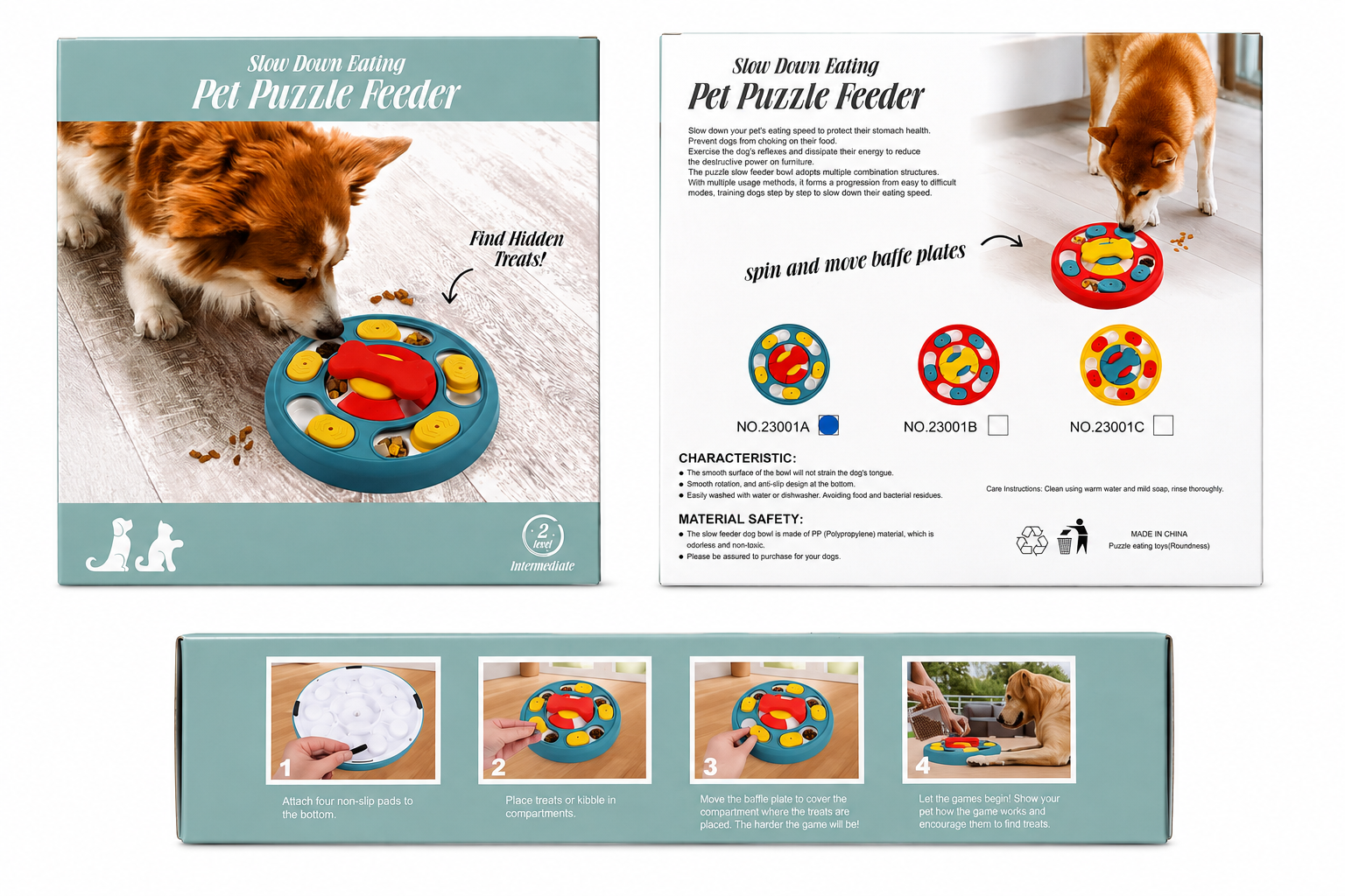 Pet puzzle feeder packaging showing blue bone slow feeder toy and instructions