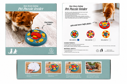 Pet puzzle feeder packaging showing blue bone slow feeder toy and instructions