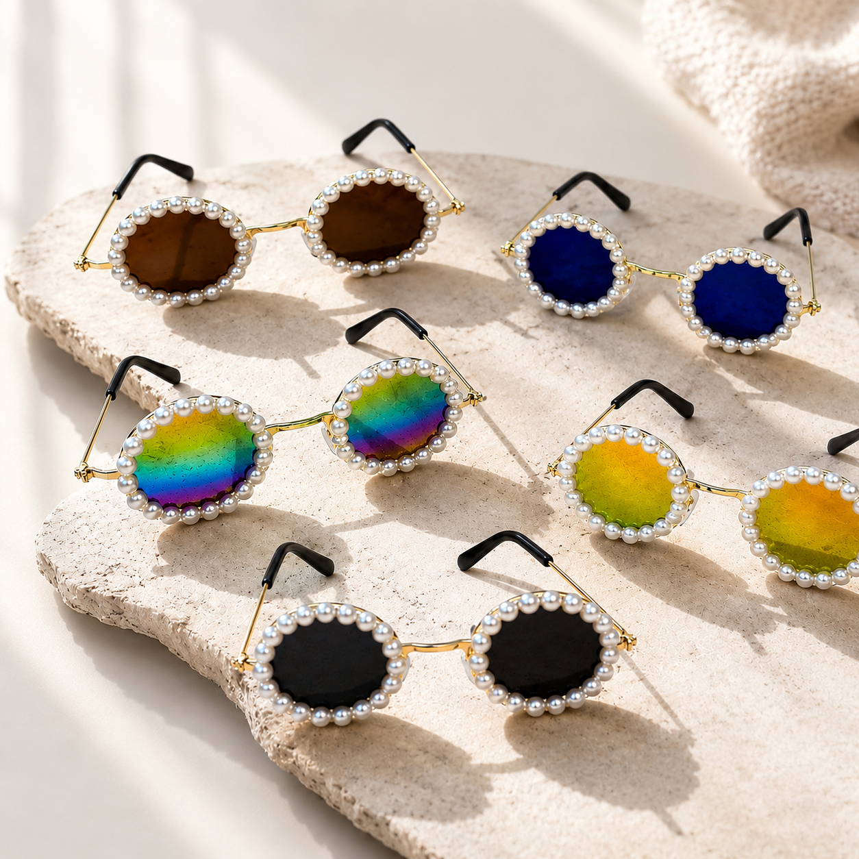 Brown, blue, gradient, gold, and black pearl round pet sunglasses