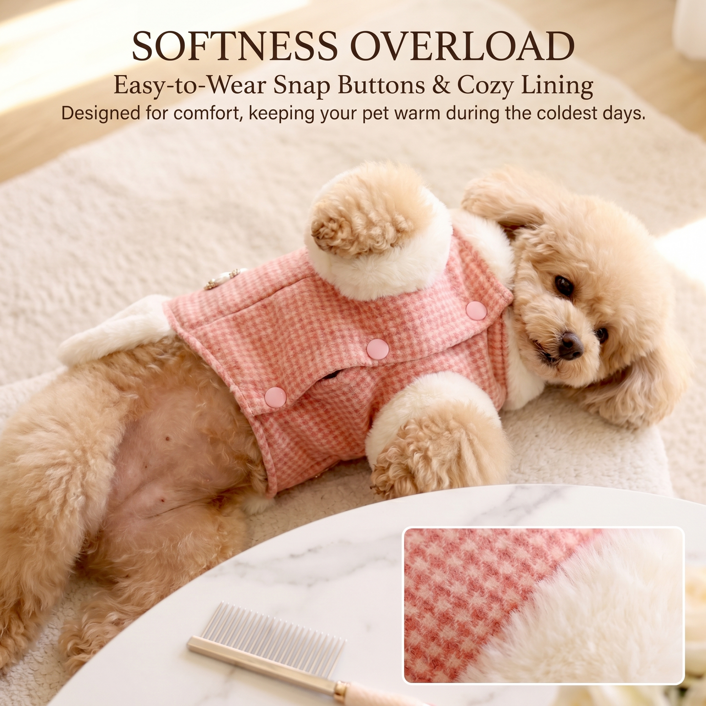 Pink Tweed Pearl Dog Coat Vest with Faux Fur Trim