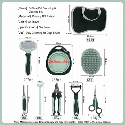 8-piece pet grooming and cleaning set size chart for dogs and cats