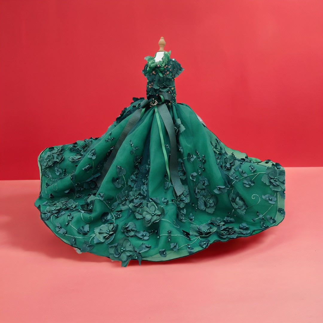 Emerald Green Floral Pet Gown | Luxury Dog Dress for Weddings & Special Occasions