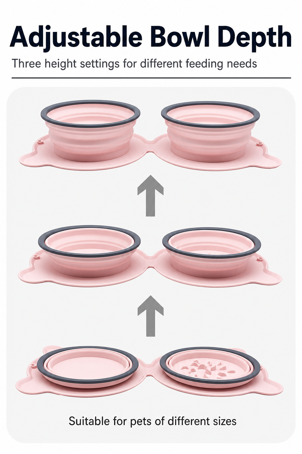 Pink collapsible double pet bowl with three adjustable bowl depth settings