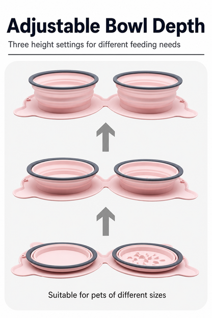 Pink collapsible double pet bowl with three adjustable bowl depth settings