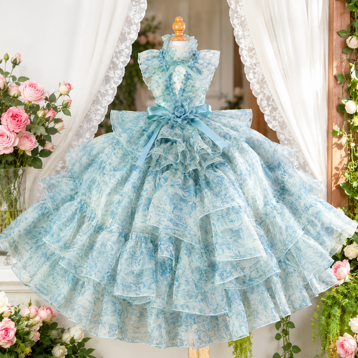 Front view of luxury blue floral dog wedding dress with cascading ruffles, satin ribbons, and detachable long train