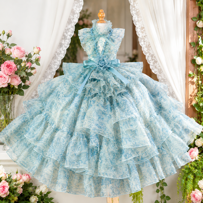 Front view of luxury blue floral dog wedding dress with cascading ruffles, satin ribbons, and detachable long train