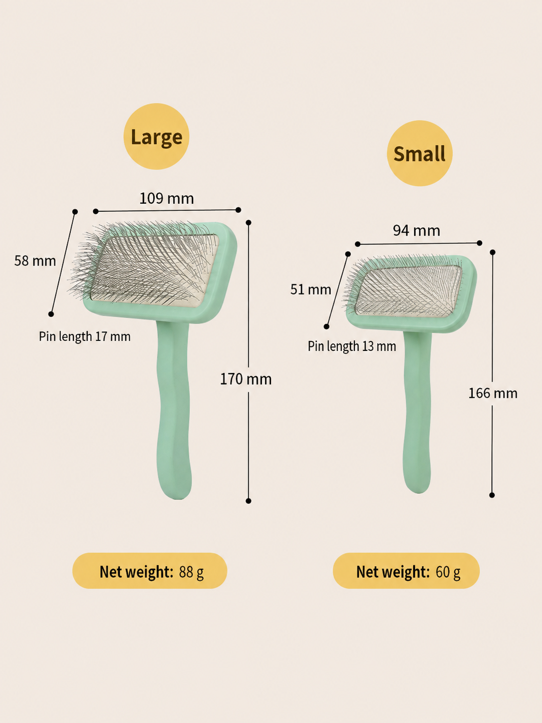 Large pet slicker brush size chart showing 170 mm length