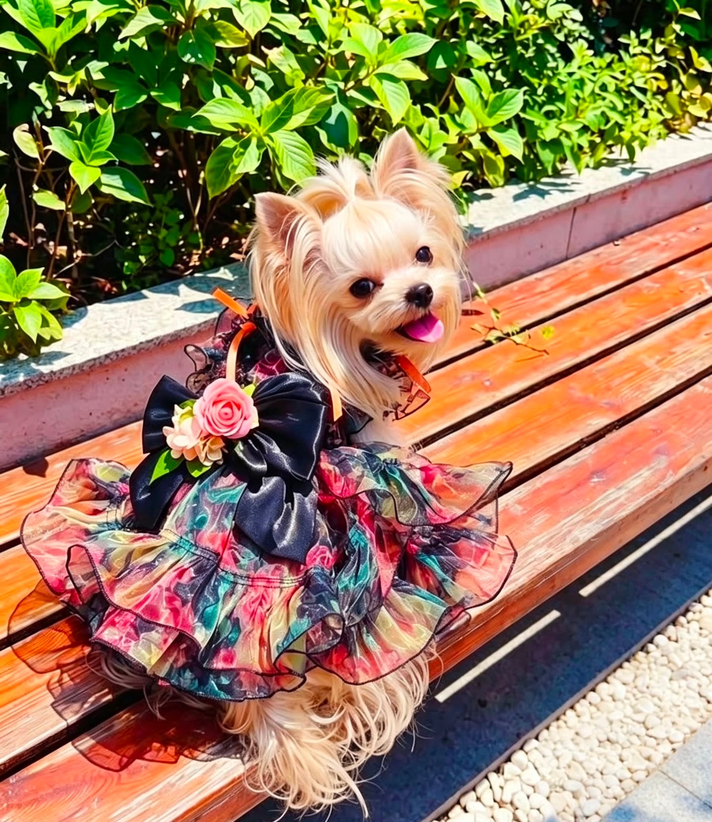 Small dog wearing multicolor floral tulle pet dress on an outdoor bench
