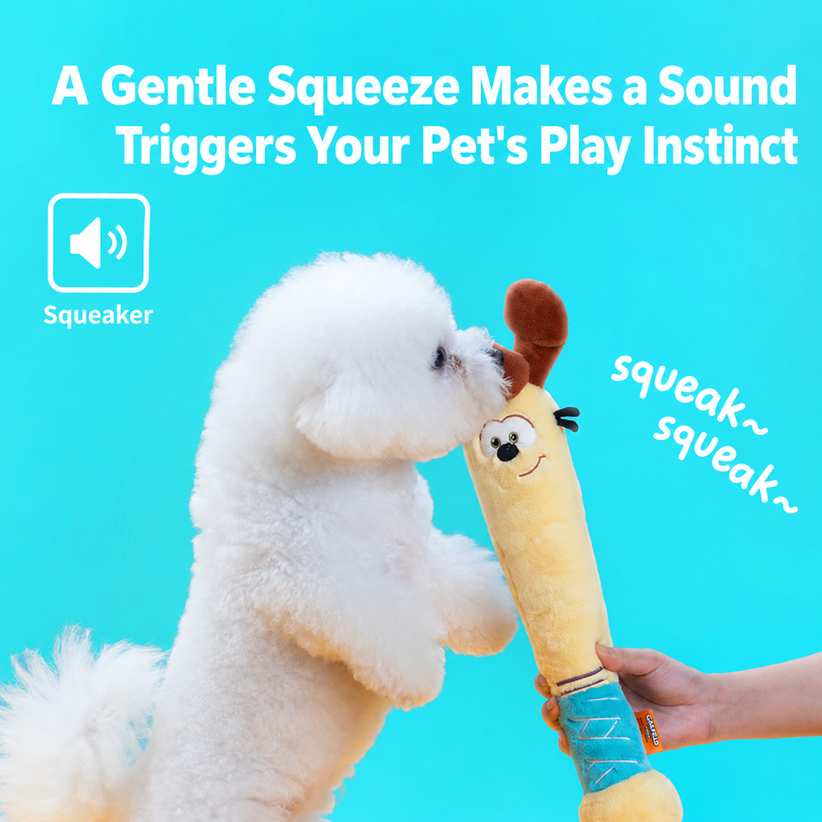 Small white dog playing with Odie squeaky baseball bat plush toy