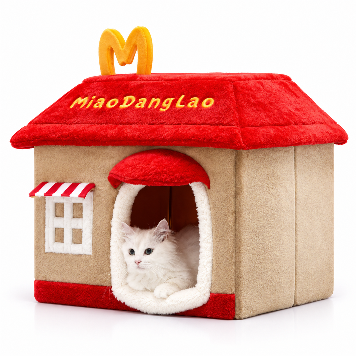 Plush House Cat Bed with Removable Cushion - assembled red and beige house with cat inside - image 1