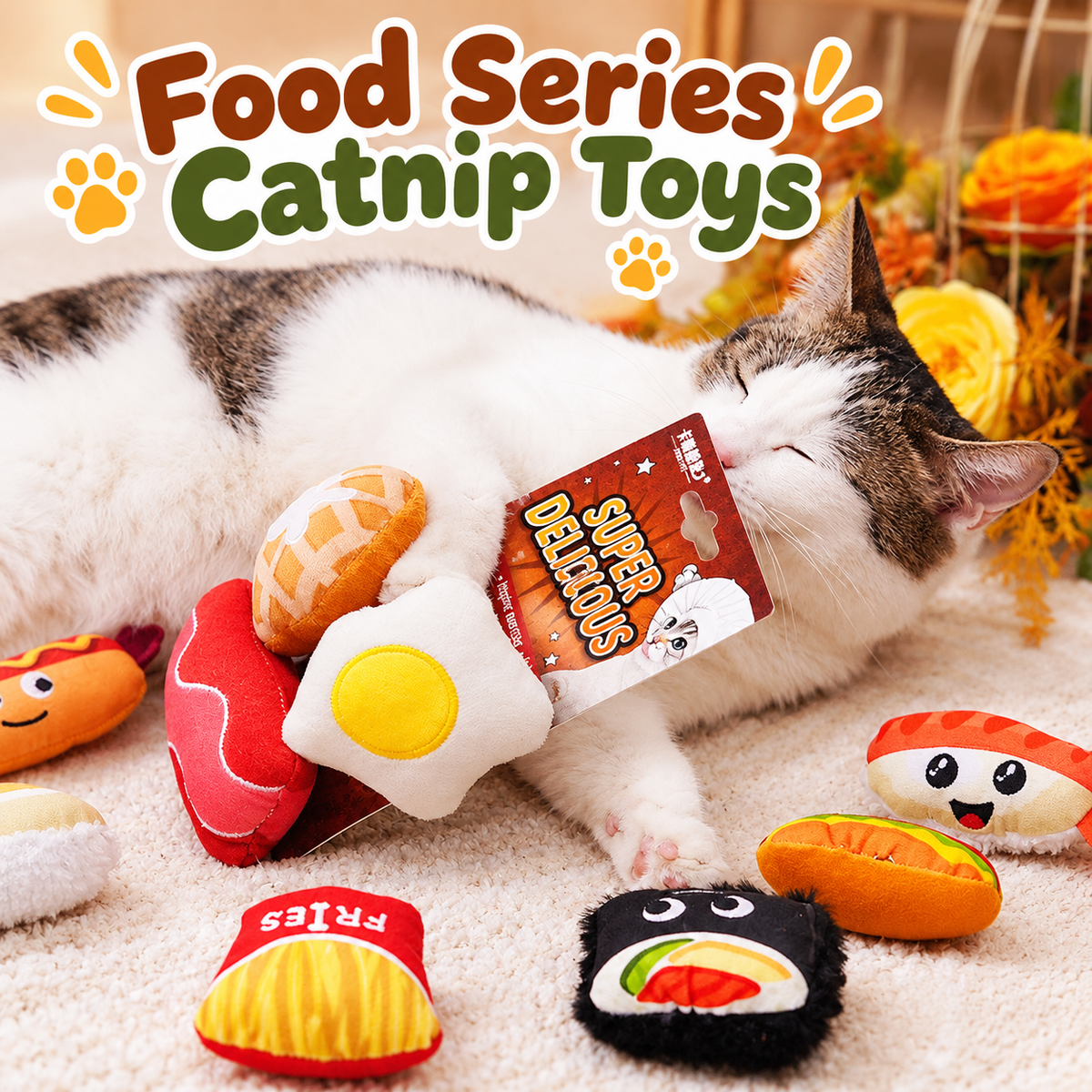 Cat resting beside colorful food series catnip toys including sushi fries and egg
