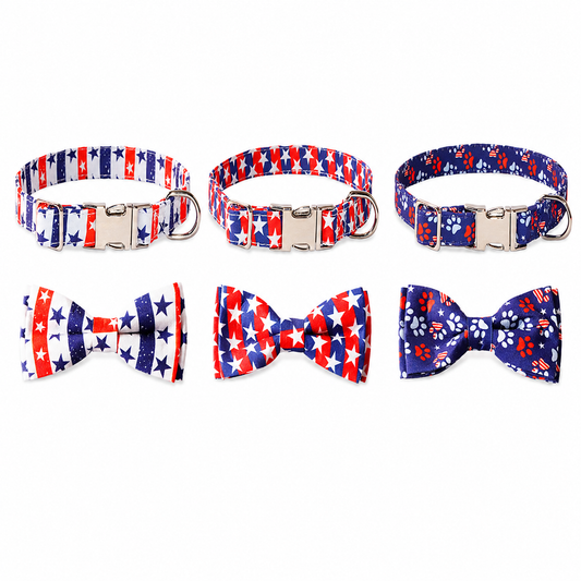 Three patriotic pet collars with matching bow ties in red, white, blue, stars, stripes, and paw-print patterns