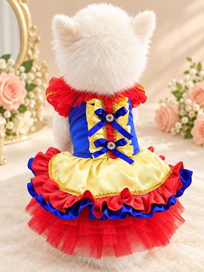 Back view of small dog wearing royal Christmas tulle pet dress