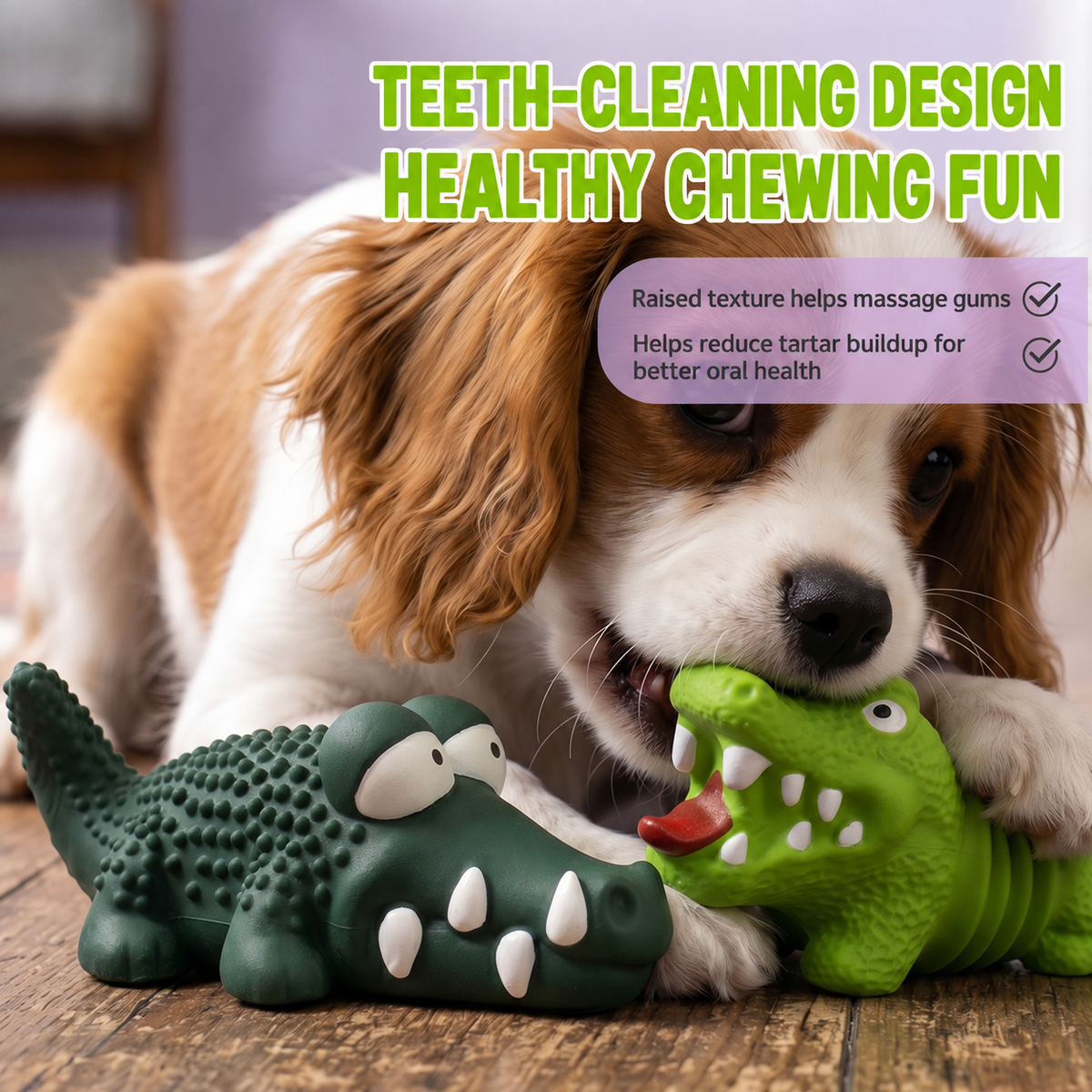 Dog playing with green textured crocodile latex squeaky toys