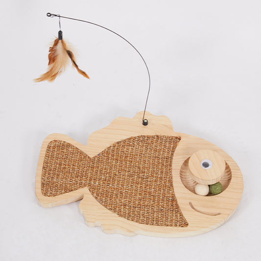 Interactive fish shaped wooden cat scratcher with sisal scratching pad, feather teaser and rotating catnip ball toy