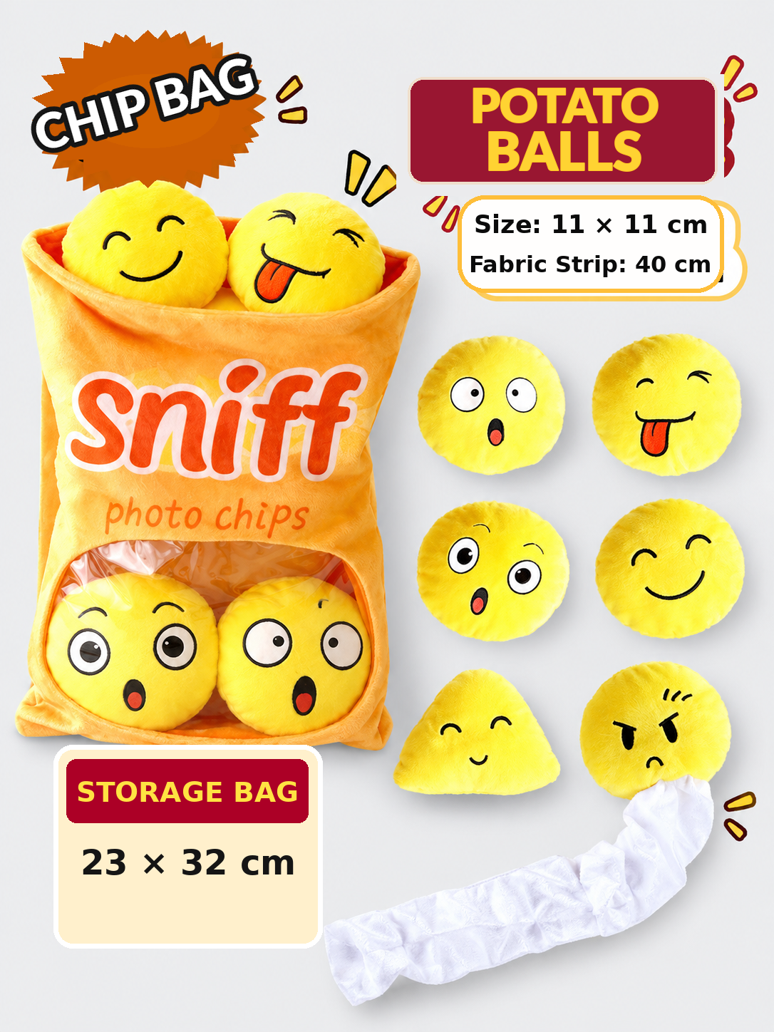 Potato Chips style with orange storage bag six yellow plush pieces and fabric strip