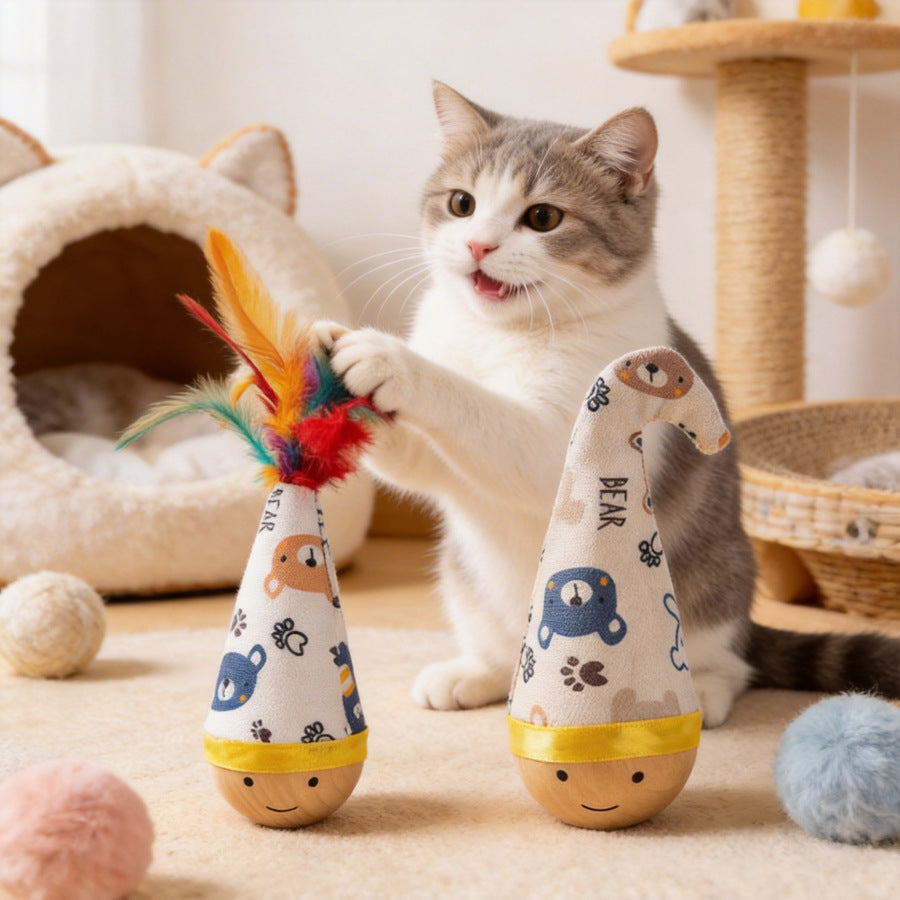 Cat batting wooden wobble toys with twist and multicolor feather tops
