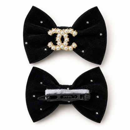 Luxury Black Velvet Dog Hair Bow with Pearl Embellishment