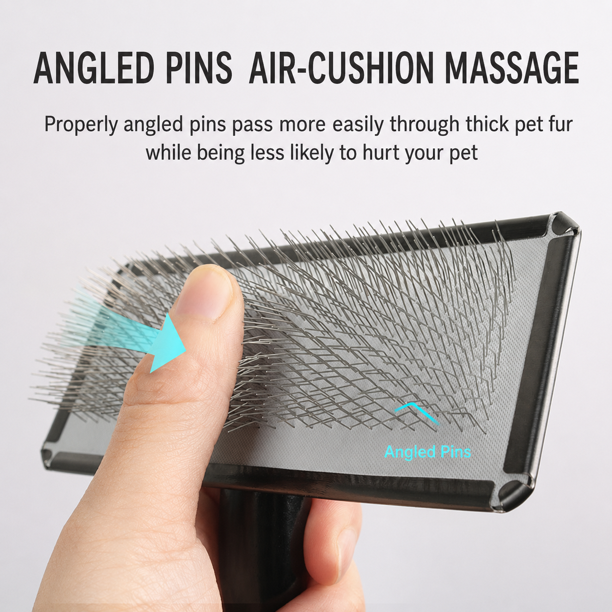 Close up of black pet slicker brush showing angled pins and air-cushion pad