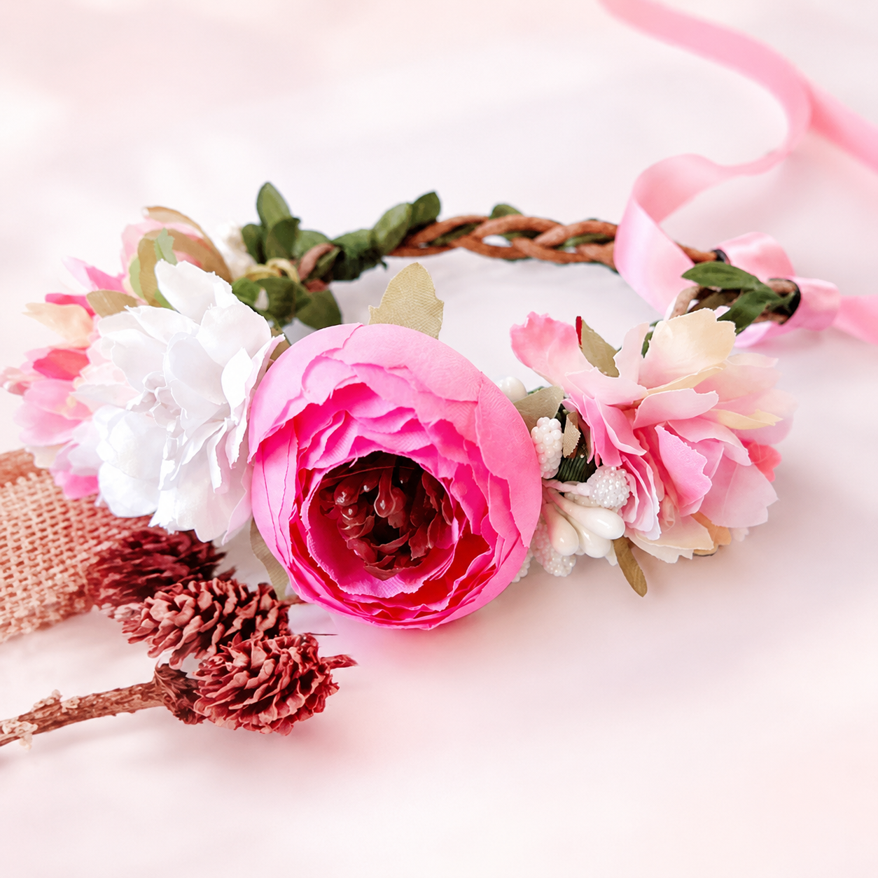 Hot pink floral pet crown headpiece close up with ribbon tie