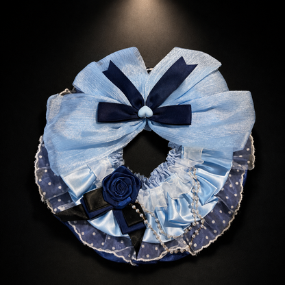 Blue Rosette Satin Lace Pet Bib Collar - blue bib collar flat lay