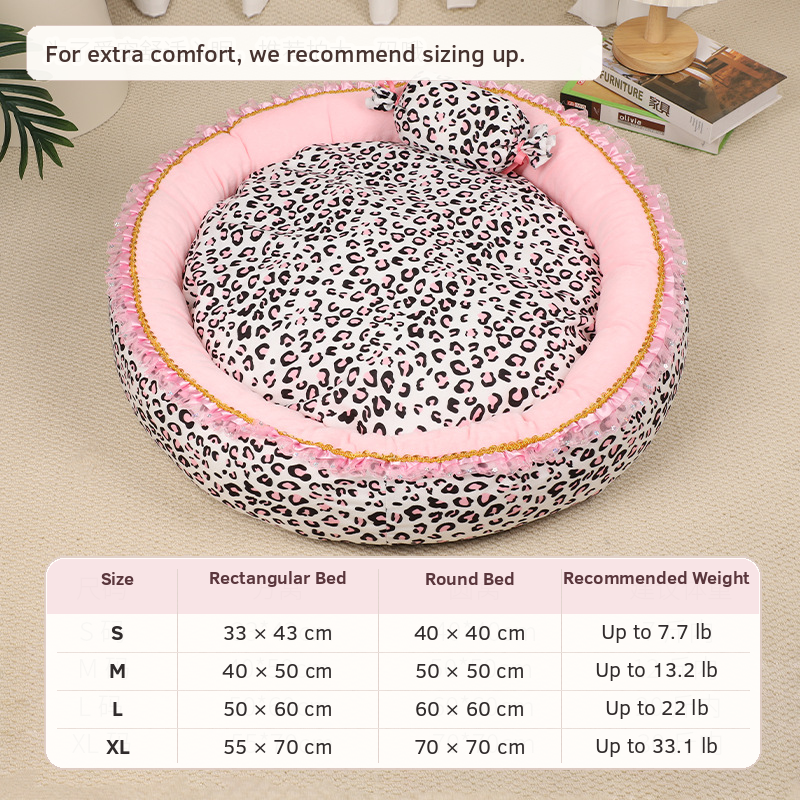 Round pink leopard print bolster pet bed with M L XL size chart