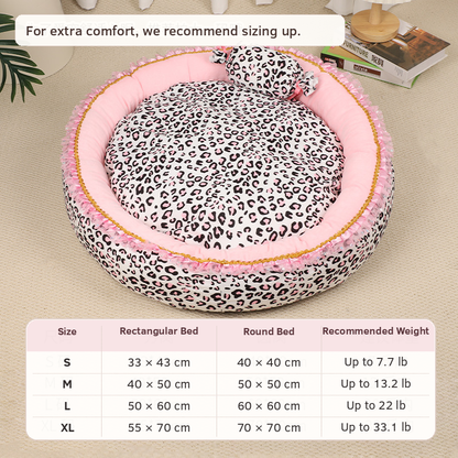 Round pink leopard print bolster pet bed with M L XL size chart