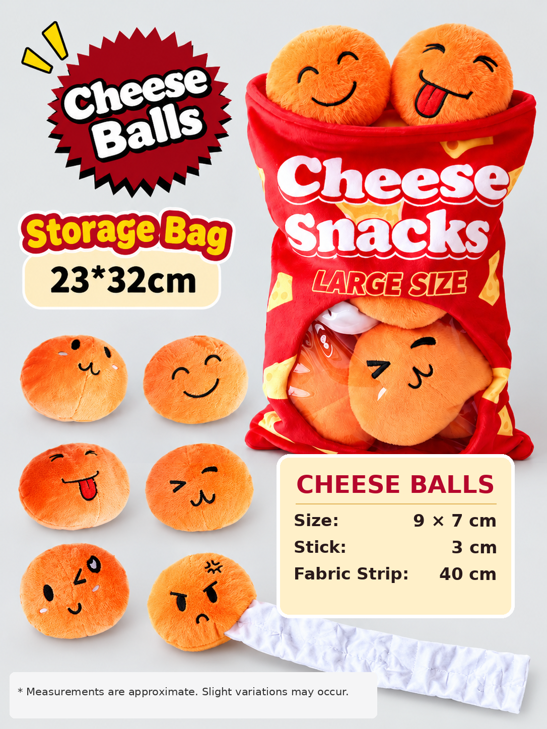 Cheese Balls style with red storage bag six orange plush pieces and fabric strip