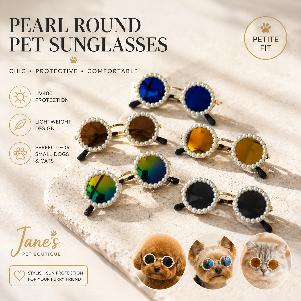 Pearl round pet sunglasses color collection with dogs and a cat wearing the glasses
