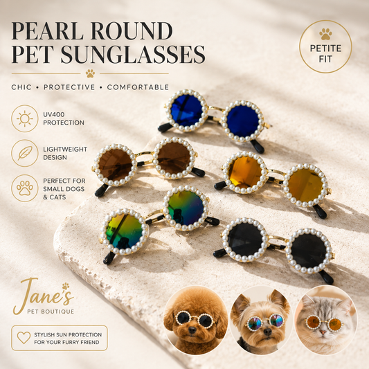 Pearl round pet sunglasses color collection with dogs and a cat wearing the glasses