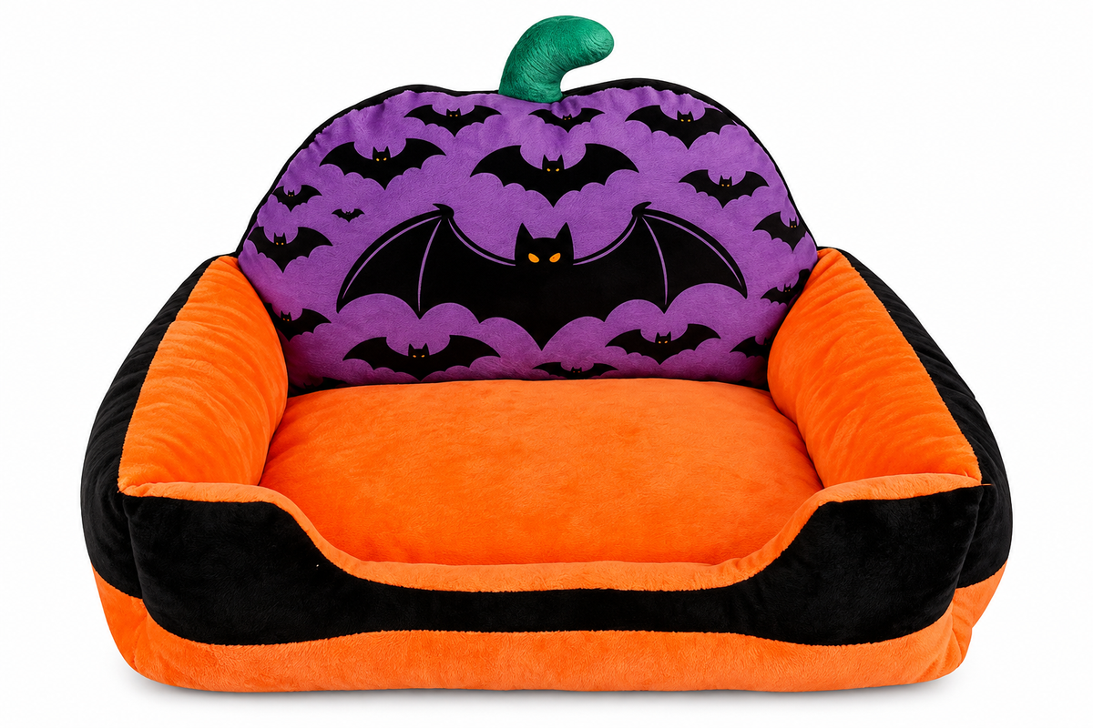 Orange and black Halloween pet sofa bed with purple pumpkin backrest and bat print
