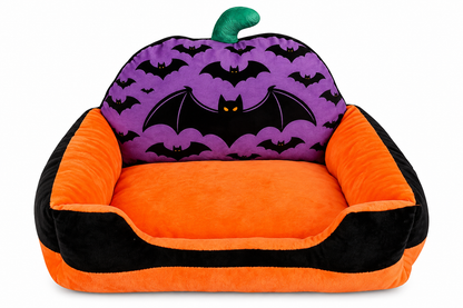 Orange and black Halloween pet sofa bed with purple pumpkin backrest and bat print