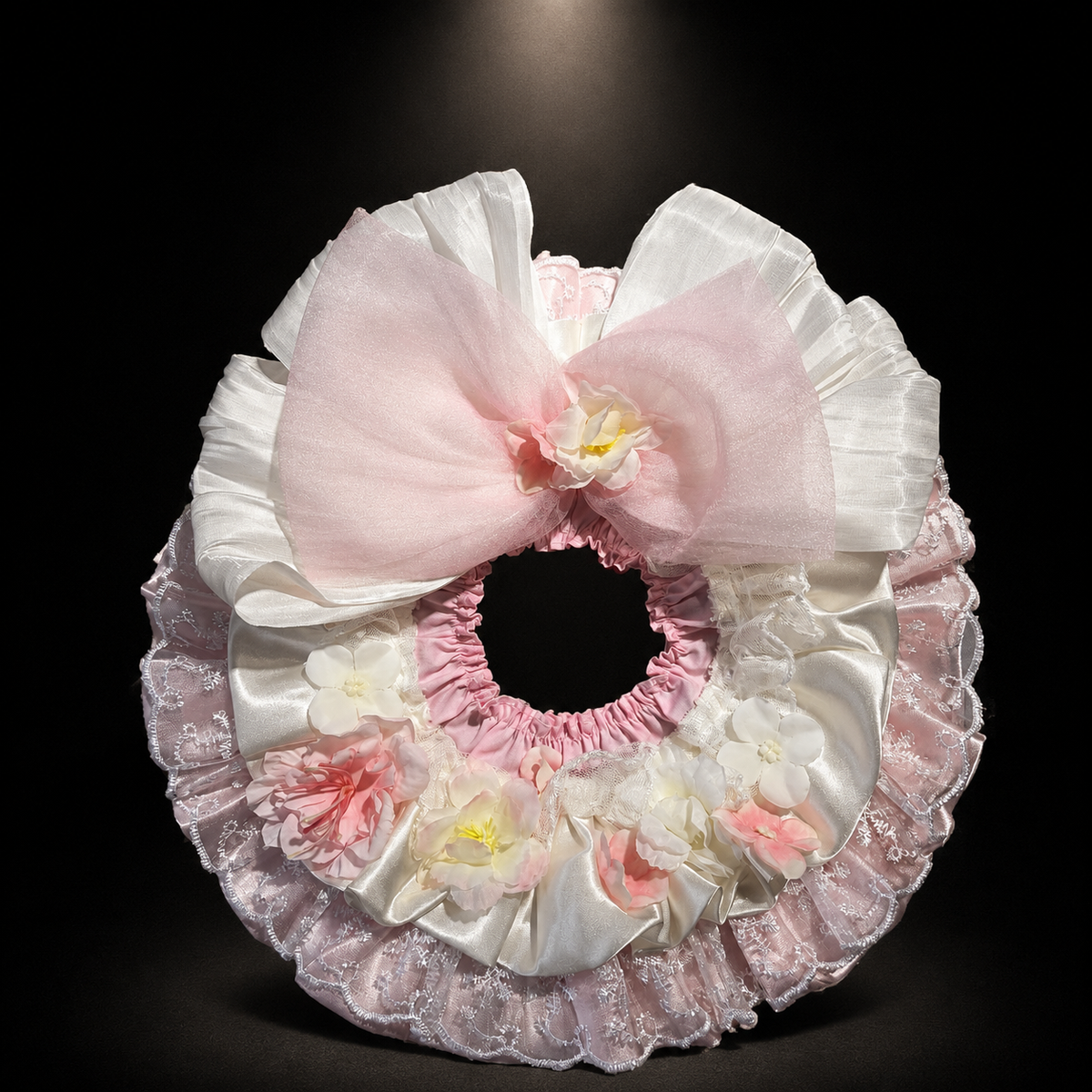 Pink White Floral Satin Lace Pet Bib Collar - pink white collar flat lay