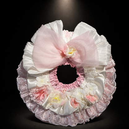 Pink White Floral Satin Lace Pet Bib Collar - pink white collar flat lay