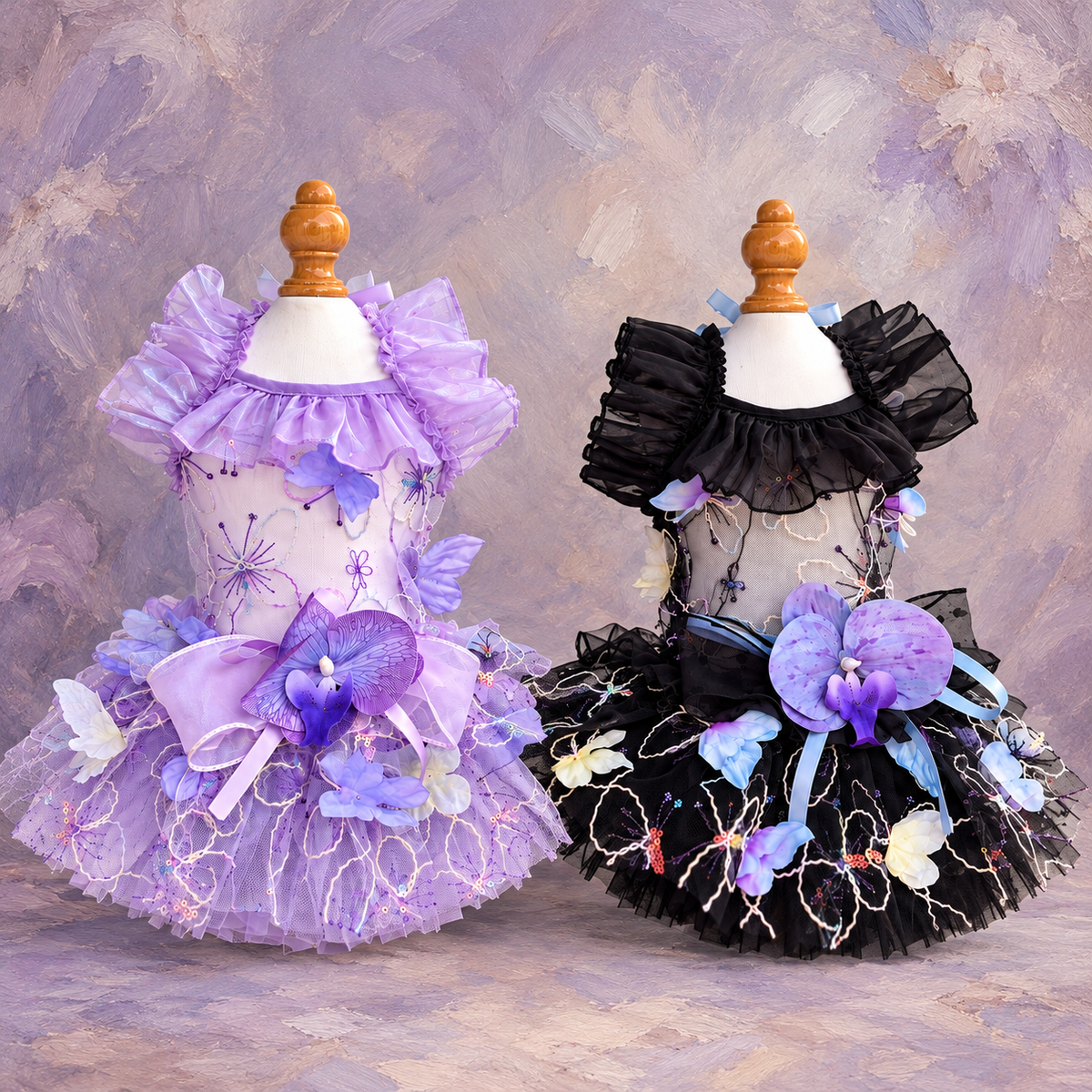 Lavender and Black orchid-style tulle pet dresses on studio backdrop