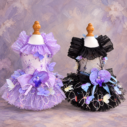Lavender and Black orchid-style tulle pet dresses on studio backdrop