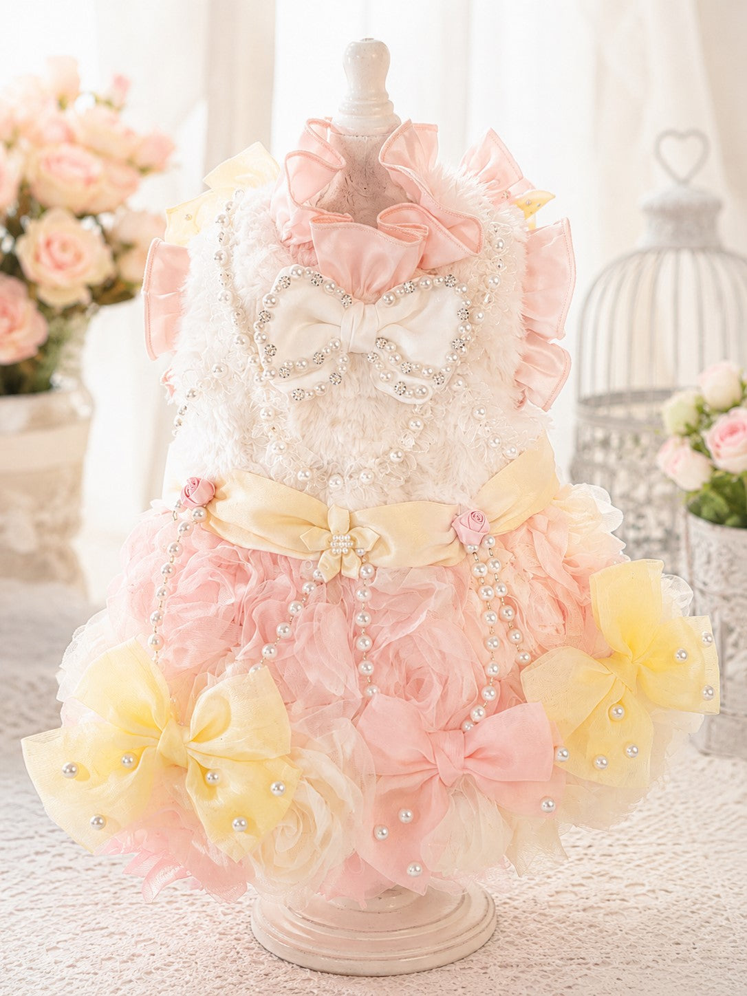 Luxury pink pearl faux fur princess dog dress with layered chiffon skirt for small dogs