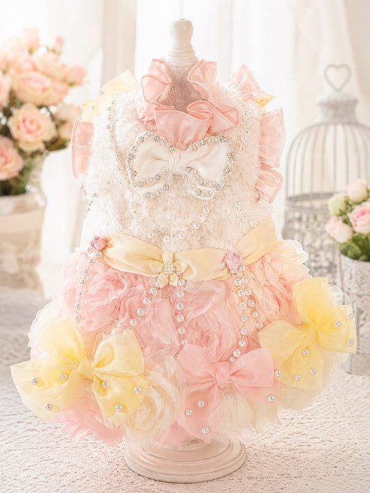 Luxury pink pearl faux fur princess dog dress with layered chiffon skirt for small dogs