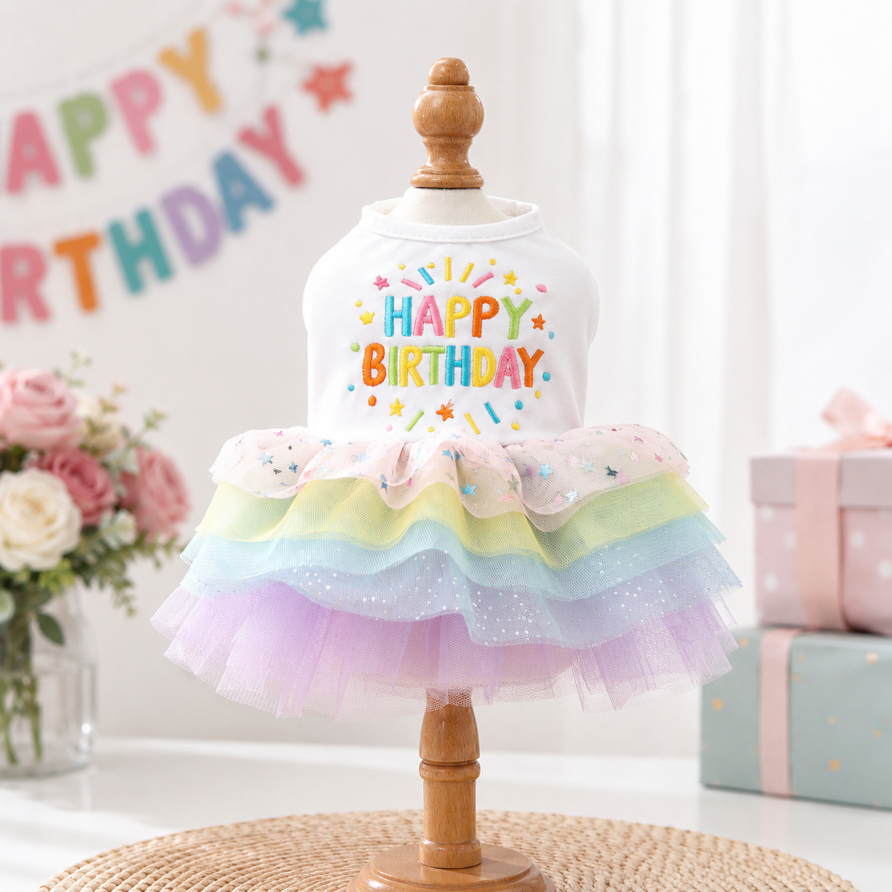 Happy Birthday pet dress on mannequin with colorful embroidered letters and layered rainbow tulle skirt