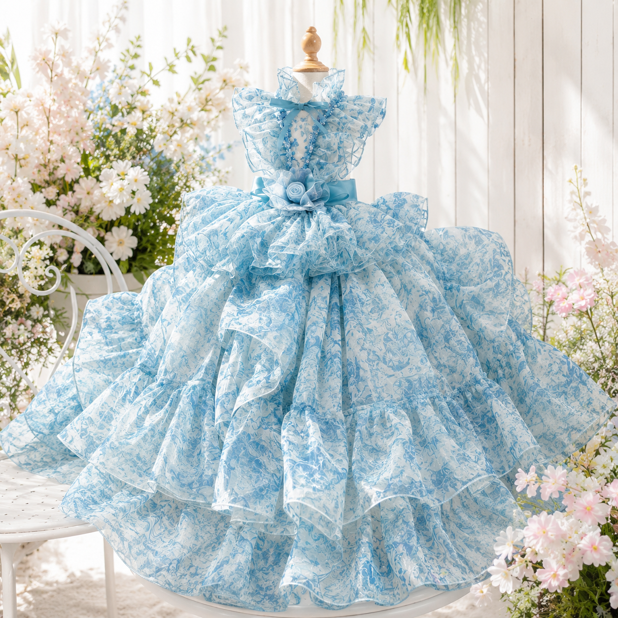Luxury blue floral pet wedding gown with detachable long train, layered ruffles, and princess-inspired bridal design