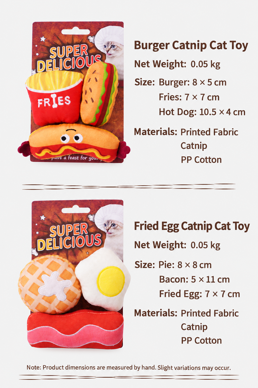 Burger and Breakfast catnip cat toy set dimensions and materials chart
