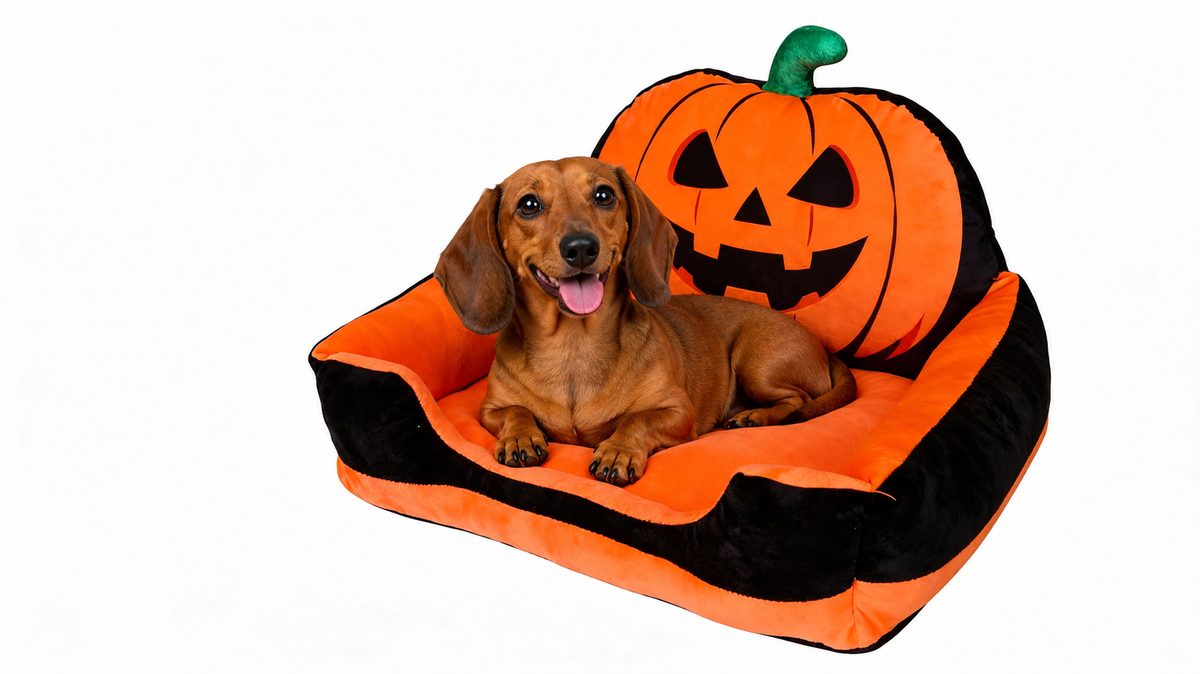Small brown dog lying in an orange pumpkin Halloween pet sofa bed