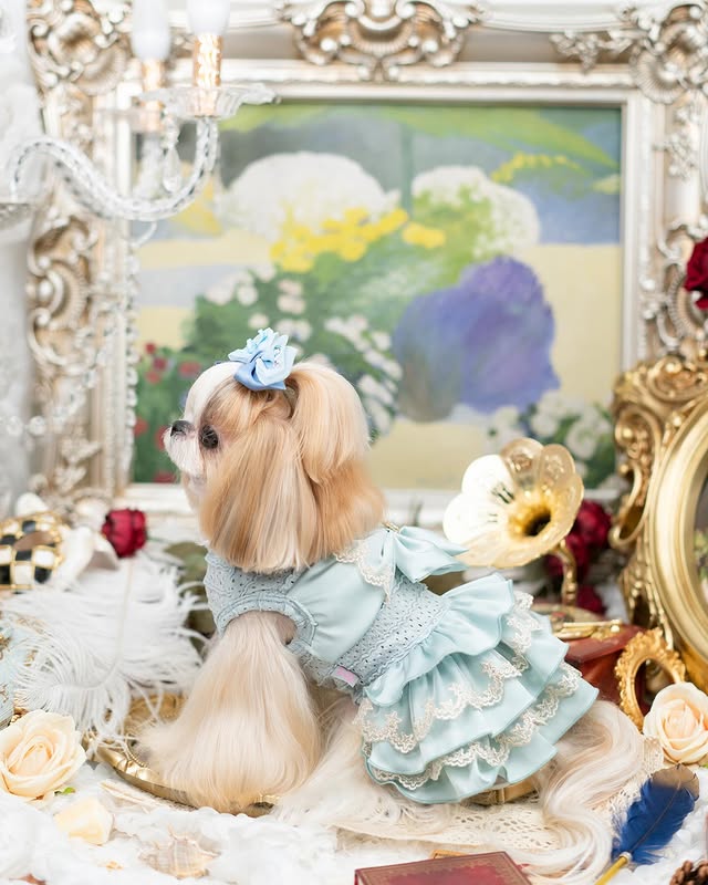 luxury dog dresses Princess Dress with Big Bow Shih Tzu Shop 100% Cotton Corduroy pretty girl Color:Blush/Rose Gold