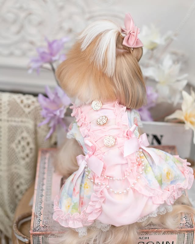 Back view of blush pink pearl dog dress with decorative rose buttons, pearl chain, and lace trim