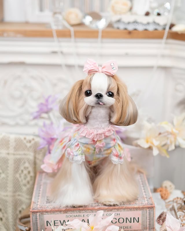 Small dog wearing blush pink floral princess pearl dog dress with satin bows and lace trim