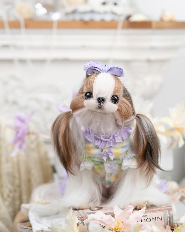 Small dog wearing lavender floral princess pearl dog dress with boutique styling