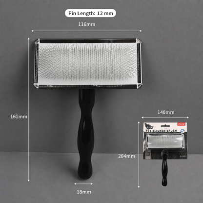 L black pet slicker brush size chart with 116 mm head width and 12 mm pin length