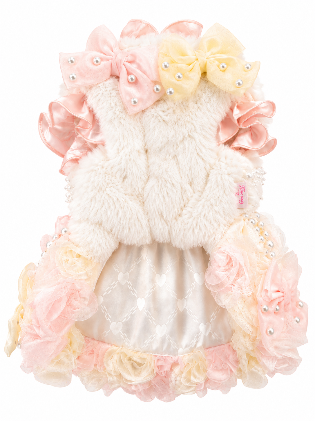 Back view of luxury faux fur princess dog dress with satin bows pearl decorations and layered chiffon skirt