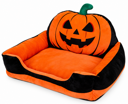 Three-quarter view of orange and black jack-o'-lantern pet sofa bed